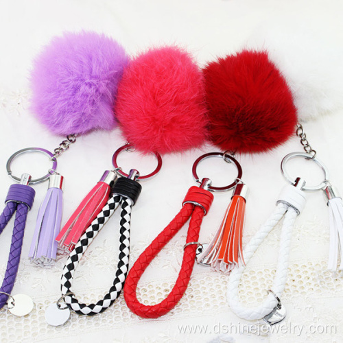 Leather Tassel Pendant Rabbit Pom Pom Ball Keyring For Woman